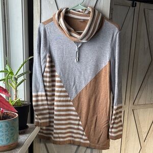 Chico's Tan and White Striped Cowl Neck Sweater